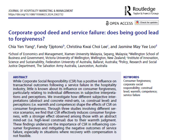 Dr. Yang Chia Yen Publishes in Journal of Hospitality Marketing &amp; Management