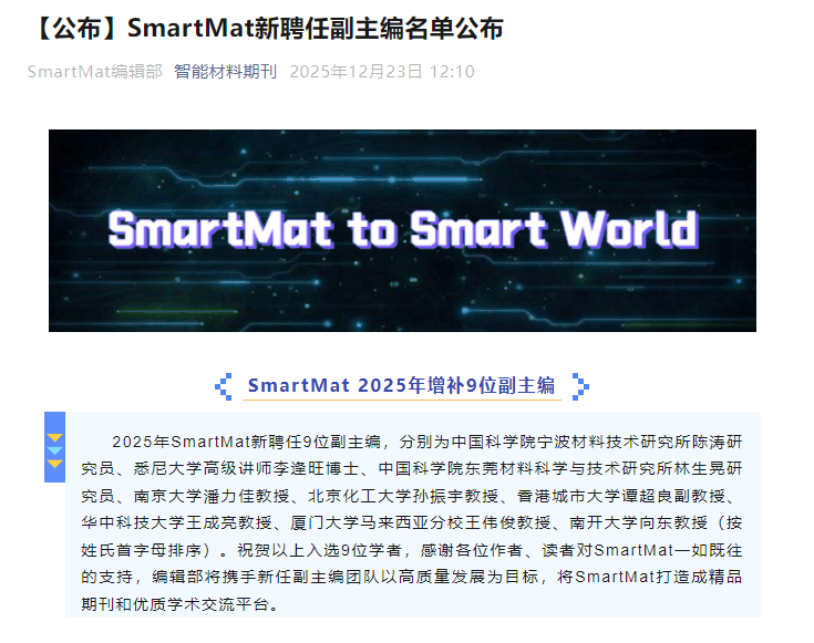 Prof. Dr. Ong Wee Jun Appointed as Associate Editor of SmartMat (Wiley, IF=12.8)