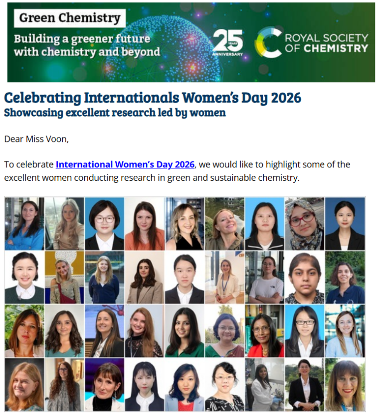 Prof. Ir. Dr. Yong Wai Fen’s Team Featured in Green Chemistry Women in Science Collection