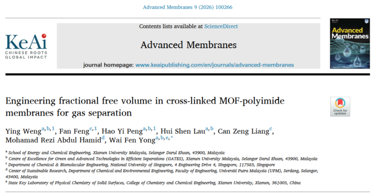Prof. Ir. Dr. Yong Wai Fen and Team Publish in Advanced Membranes